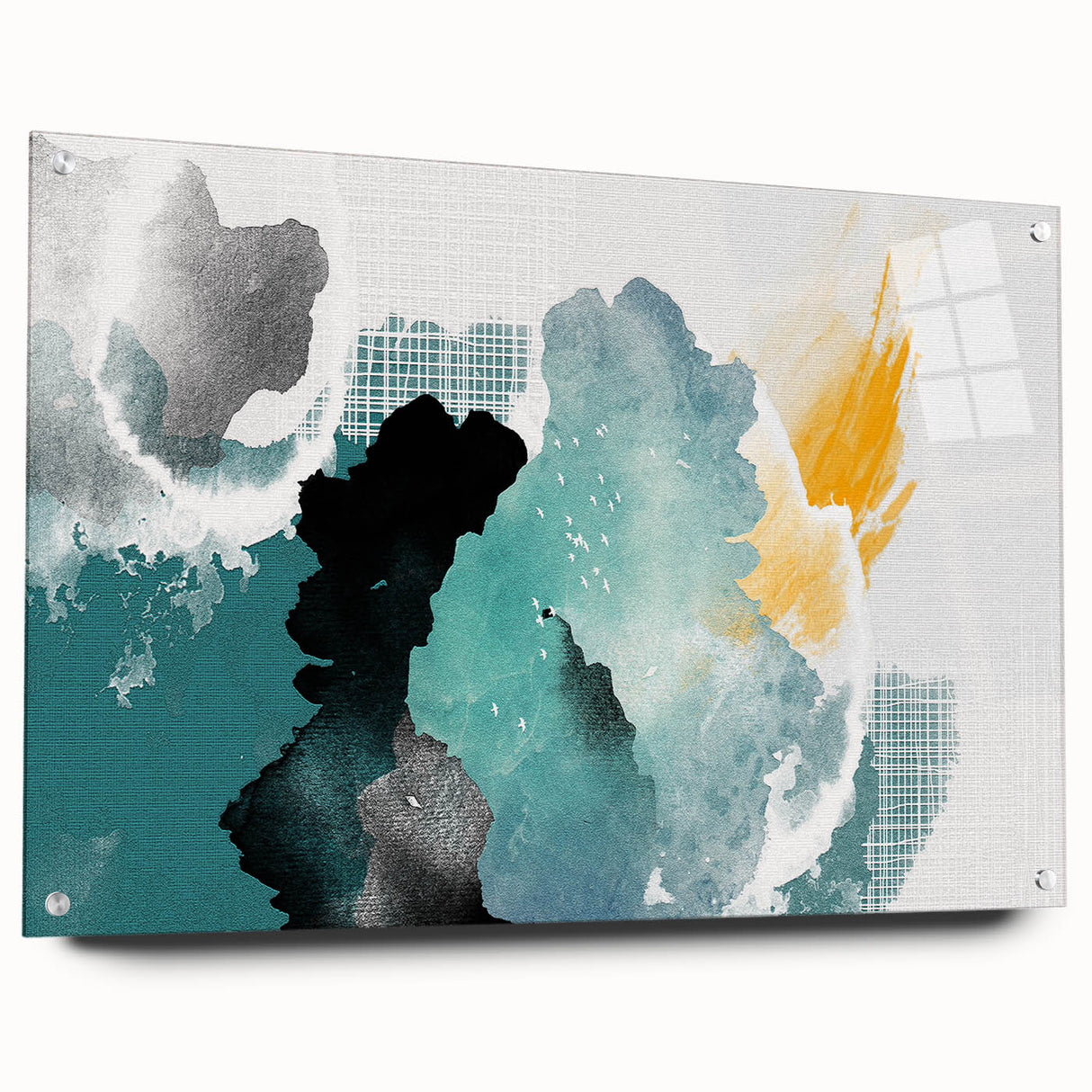 Abstract wall art design featuring colorful strokes and lines displayed in a side view. The artwork is framed with acrylic glass and secured with pins, showcasing a modern and vibrant aesthetic suitable for contemporary decor.