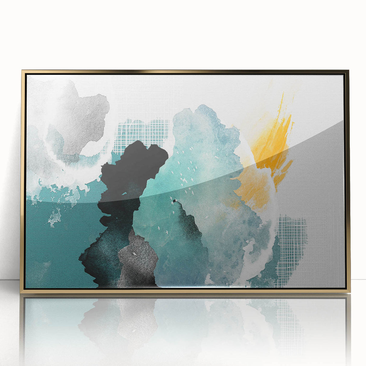 Framed wall art showcasing an abstract design with gold strokes and lines, set against a minimalist background, adding elegance to modern interiors.