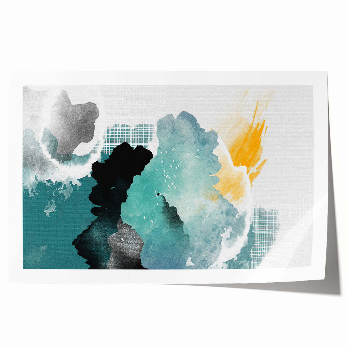 Abstract wall art print showcasing vibrant strokes and lines in shades of blue, orange, and yellow, perfect for modern home decor or office spaces.