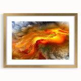 Abstract wall art featuring vibrant strokes and lines in gold and neutral tones, elegantly framed with a mat, perfect for modern decor.