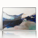 Framed wall art featuring an abstract design of colorful strokes and lines on a white background, perfect for modern home decor.