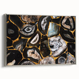 Framed canvas wall art showcasing an abstract design with silver strokes and lines, ideal for modern decor. Side view highlights its elegant finish and contemporary style.
