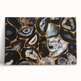 Abstract wall art featuring vibrant strokes and lines in shades of blue, orange, and yellow, showcasing a modern design on stretched canvas, perfect for contemporary decor.