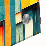 Close-up of an abstract wall art design showcasing vibrant strokes and lines in shades of blue, orange, and green, ideal for modern home decor or office spaces.