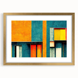 Abstract wall art design featuring vibrant strokes and lines in a gold frame with a mat. Perfect for modern home decor to enhance any living space aesthetic.