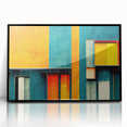Framed wall art featuring an abstract design of colorful strokes and lines, set against a black background, perfect for modern home decor.