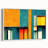 Framed canvas wall art showcasing an abstract design with vibrant strokes and lines in shades of blue and gold, presented in a sleek white frame, ideal for modern decor.