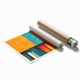 Abstract wall art print showcasing vibrant strokes and lines in a dynamic composition of blues, oranges, and yellows, ideal for modern home decor.