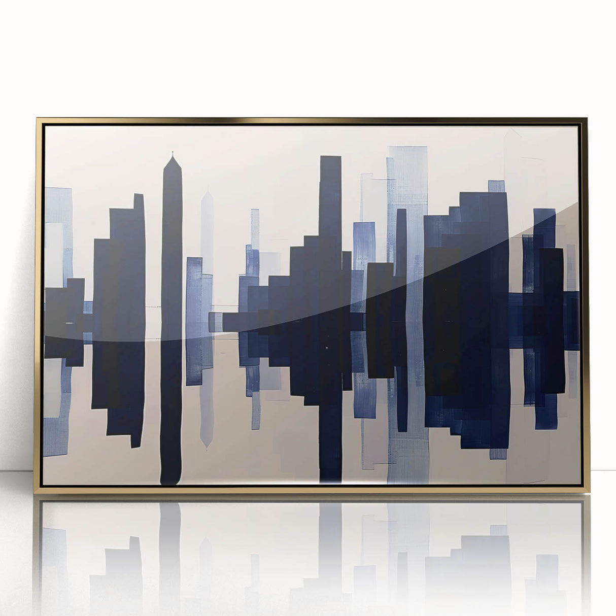 Framed wall art featuring an abstract design of gold strokes and lines, set against a white background, perfect for modern home decor and stylish interiors.