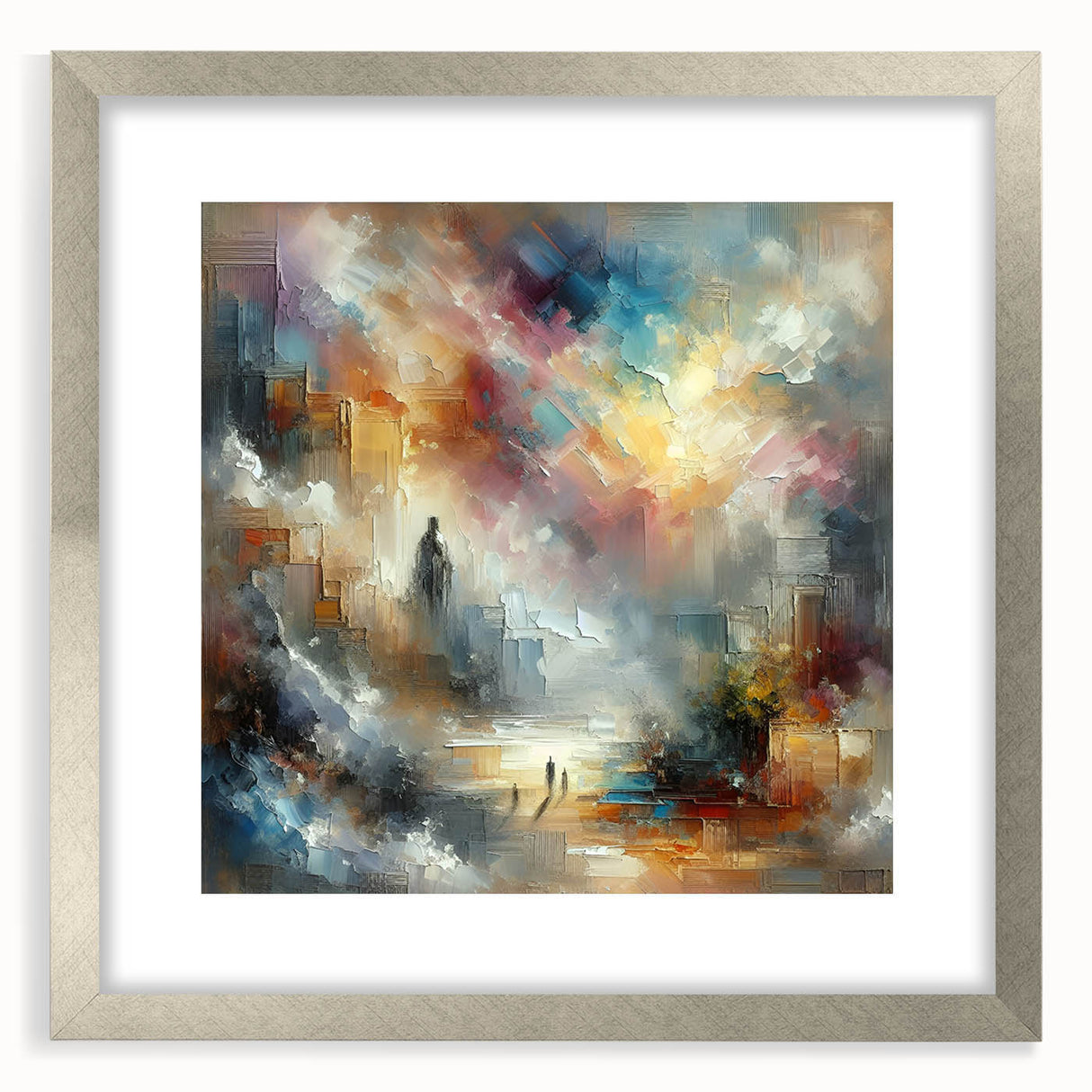 Abstract wall art featuring dynamic strokes and lines in a modern design, framed with a silver mat for an elegant presentation, ideal for contemporary decor.