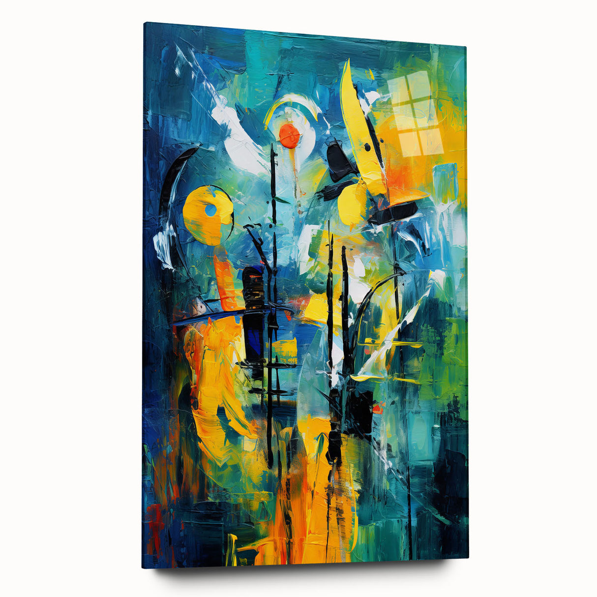 Abstract wall art piece showcasing vibrant strokes and lines in a dynamic design, presented in acrylic glass, enhancing modern interior aesthetics.
