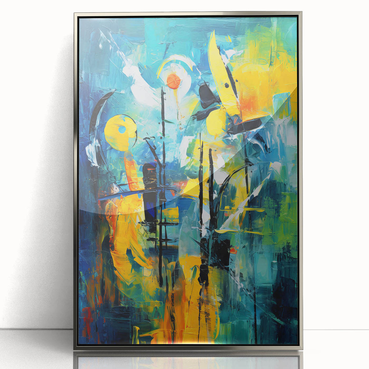 Framed wall art showcasing an abstract design with silver strokes and lines, adding a modern touch to any decor. Ideal for contemporary interiors.