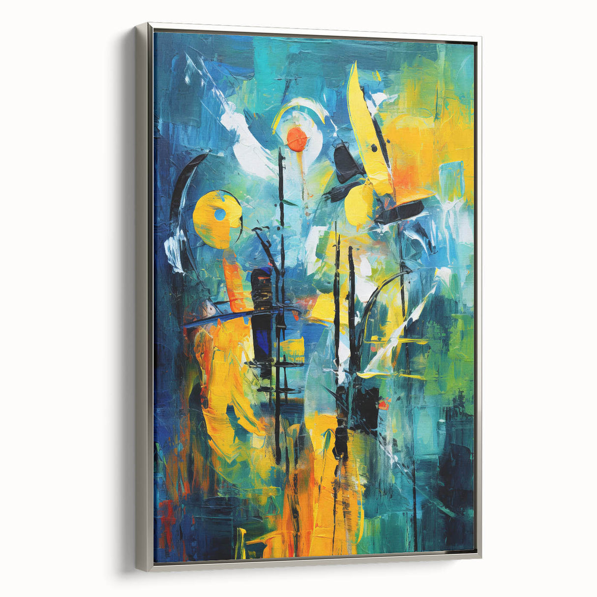 Framed abstract wall art featuring dynamic strokes and lines in silver tones, elegantly displayed, perfect for modern home decor to enhance interior aesthetics.