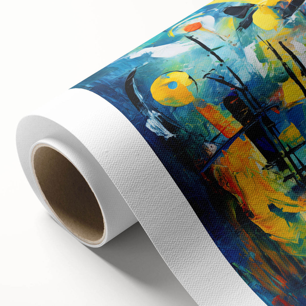 Abstract wall art design featuring vibrant strokes and lines in a contemporary style, printed on rolled canvas, perfect for modern home decor and artistic displays.