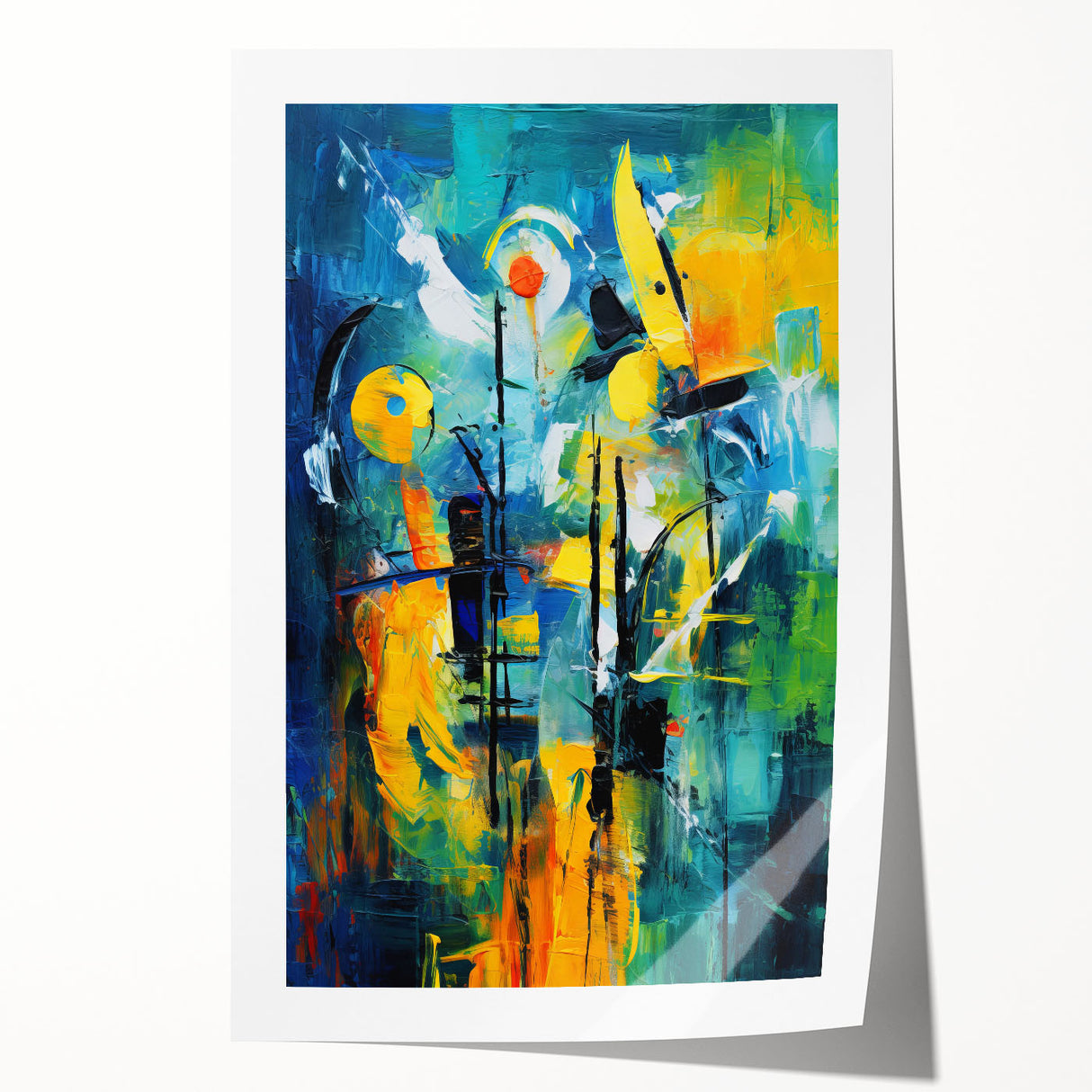 Abstract wall art featuring dynamic strokes and lines in vibrant hues of blue, yellow, and red, ideal for modern interior decor. This rolled print adds a contemporary touch to any living space.