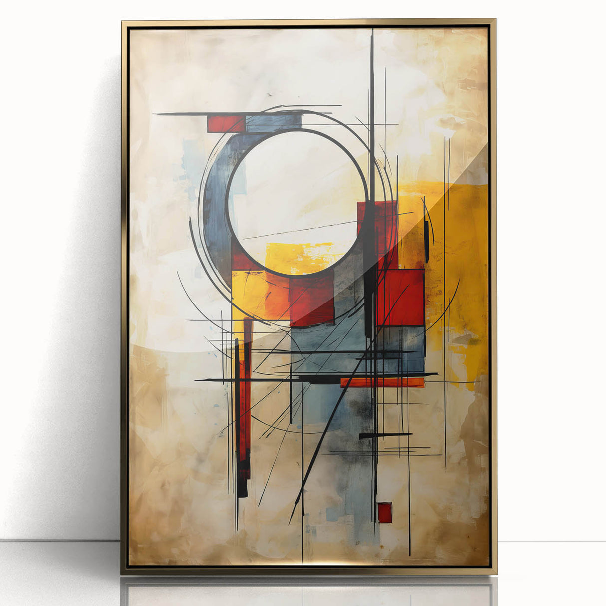 Framed abstract wall art showcasing dynamic strokes and lines in gold and black, perfect for modern decor. Ideal for adding elegance to living spaces.