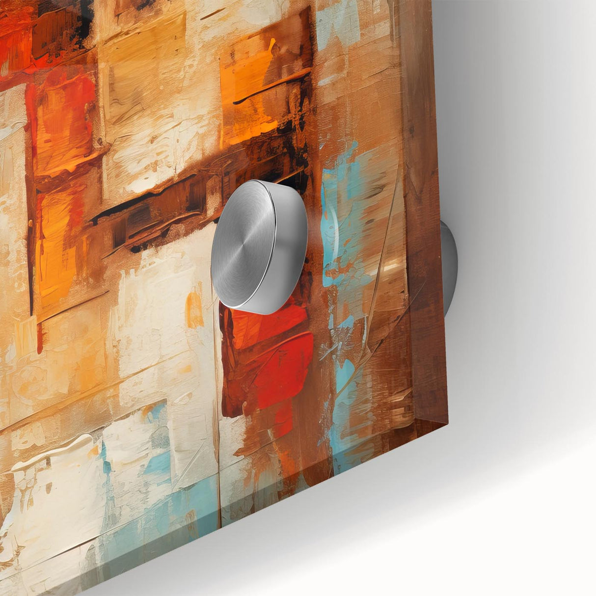 A close-up view of an abstract wall art piece featuring vibrant strokes and lines in blue, orange, and yellow, designed to enhance modern decor in living spaces.