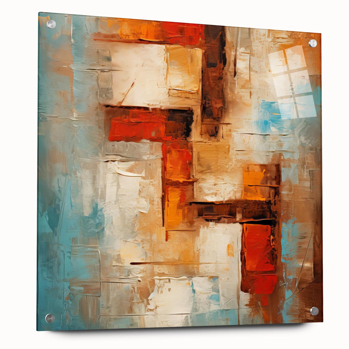 Abstract wall art showcasing a collection of colorful strokes and lines, displayed in an acrylic glass frame with visible mounting pins, ideal for modern decor.