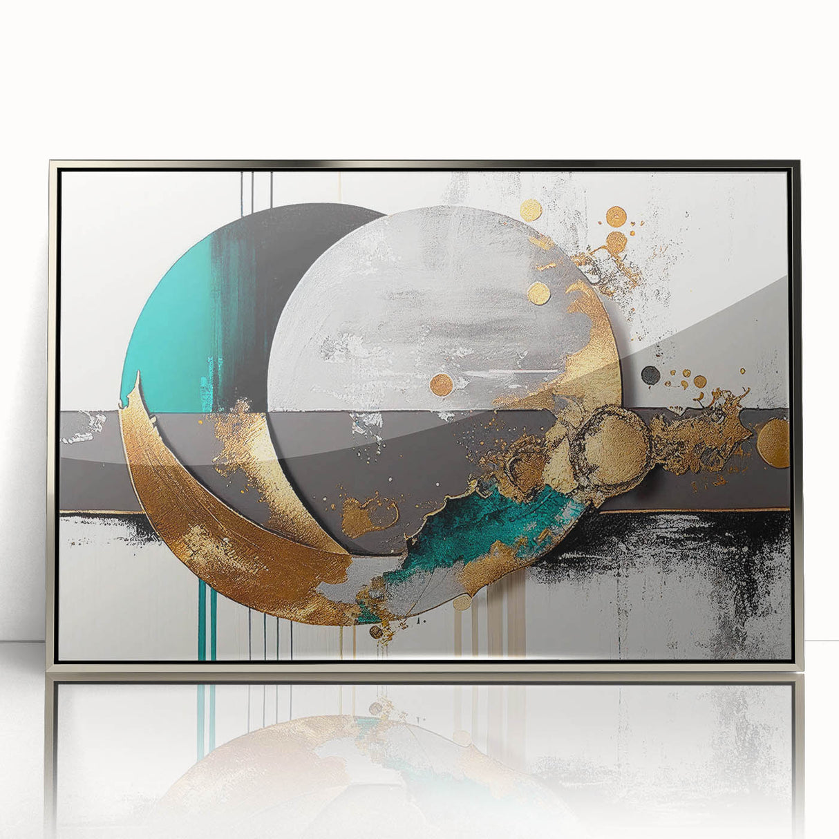 Framed wall art showcasing an abstract design with vibrant strokes and lines in silver and white tones, ideal for modern interior decor.