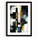 Abstract wall art print featuring dynamic strokes and lines in muted colors, framed with a sleek black border, perfect for modern home decor.