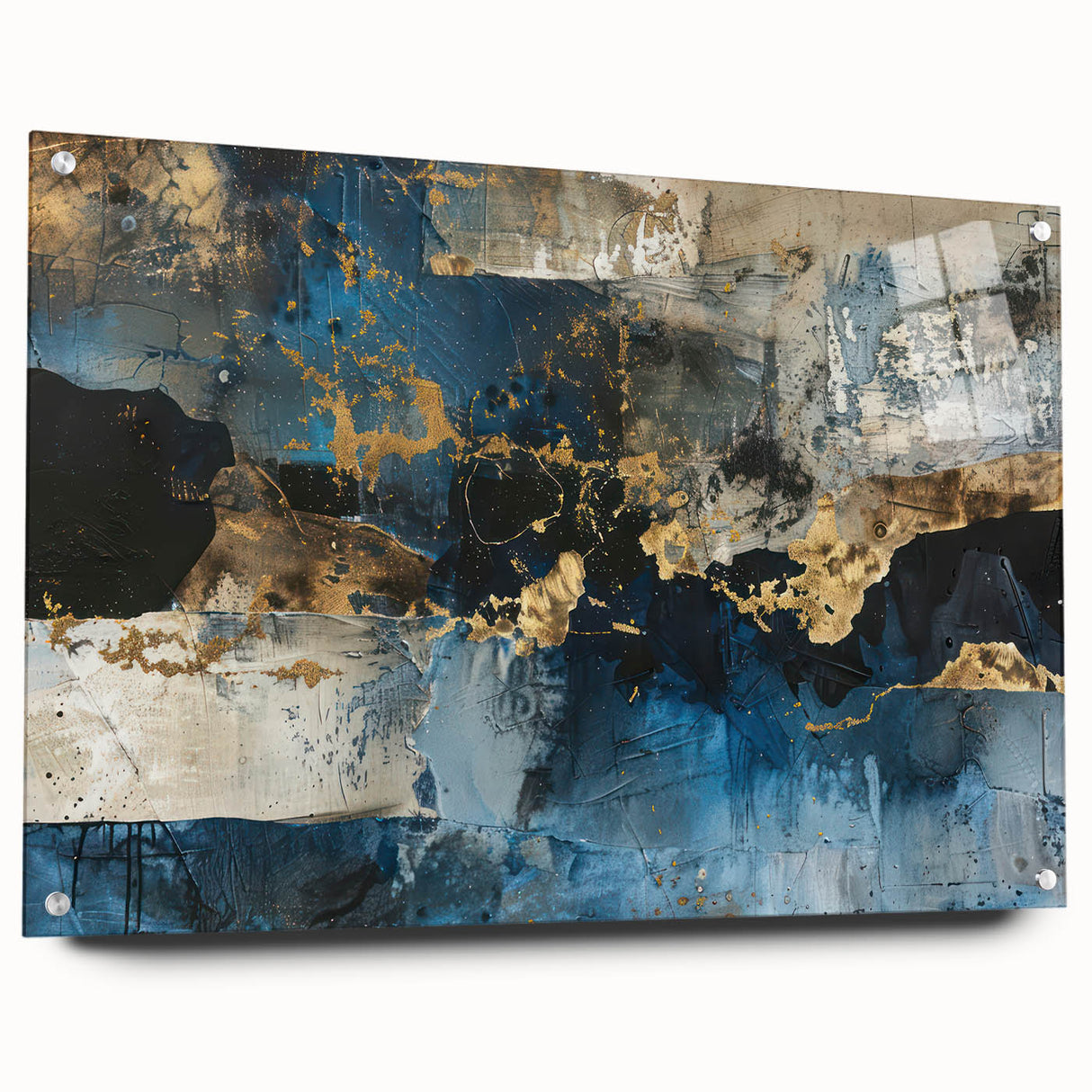 Abstract wall art design featuring vibrant strokes and lines in varying shades of blue, orange, and white, presented in a sleek acrylic glass frame. Perfect for modern home décor, this piece adds a contemporary touch to any space.