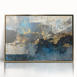 Framed wall art showcasing an abstract design of strokes and lines in vibrant gold tones, perfect for modern decor and enhancing interior aesthetics.