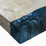 Close-up of a stretched canvas wall art piece showcasing an abstract design with vibrant strokes and lines in shades of blue, green, and gold, perfect for modern decor.