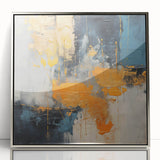 Framed acrylic wall art featuring an abstract design of colorful strokes and lines in silver tones, perfect for modern home decor and aesthetic enhancement.