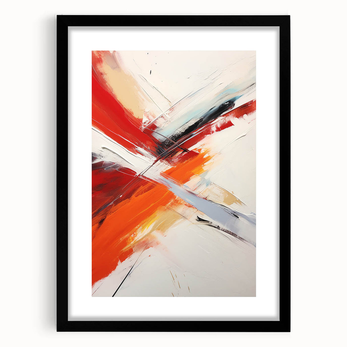 Abstract wall art featuring dynamic strokes and lines in a minimalist black frame, ideal for modern decor. The design showcases a harmonious blend of colors, adding elegance to any space. Perfect for enhancing living rooms or offices with contemporary style.