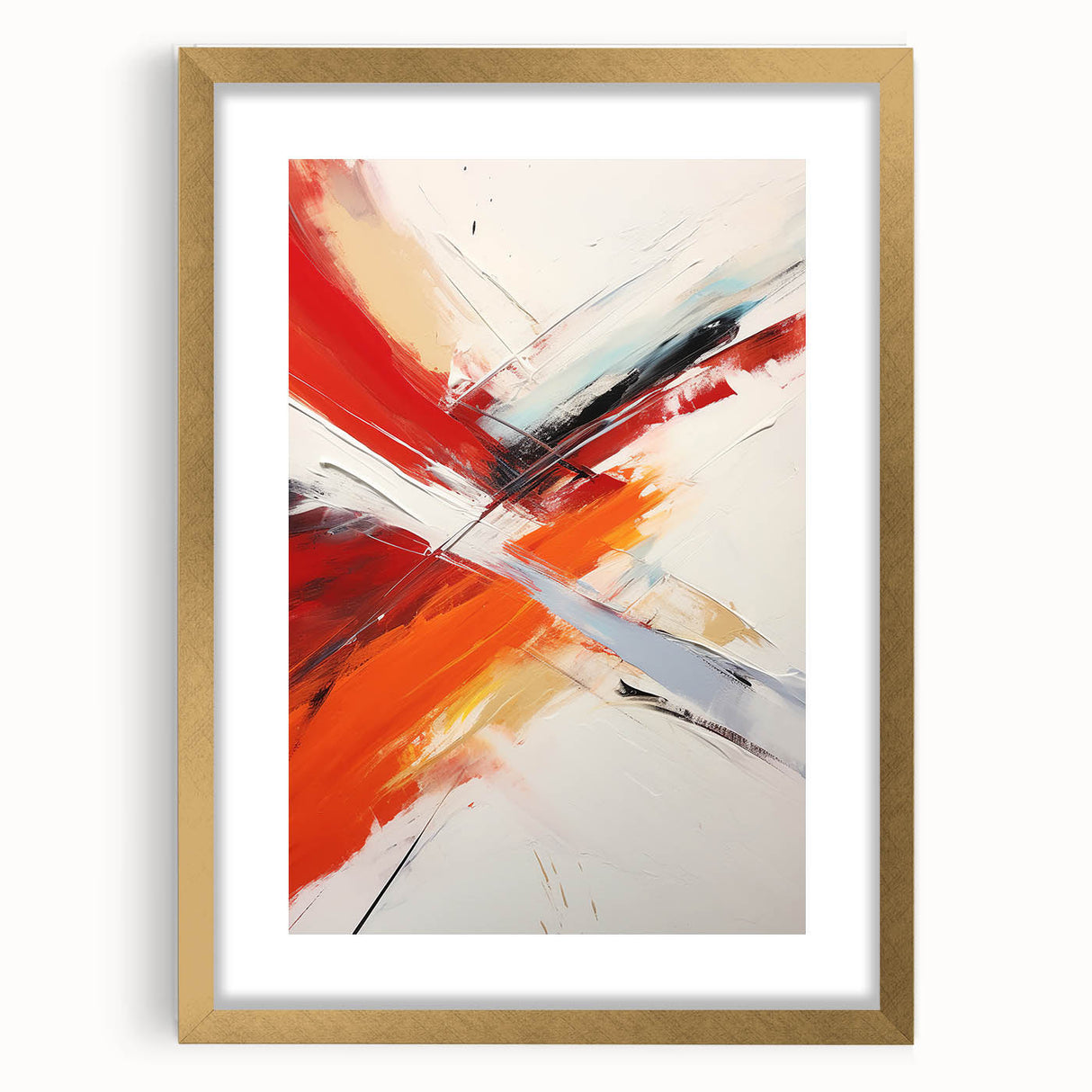 Abstract wall art featuring gold strokes and lines design, elegantly framed with a mat, showcasing a modern aesthetic ideal for contemporary home decor.