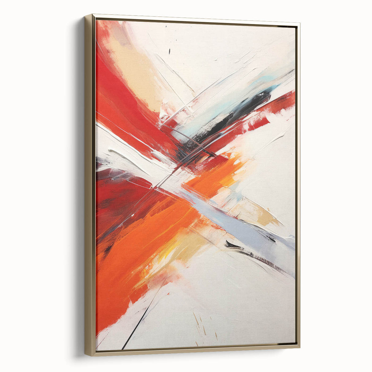 Framed canvas wall art showcasing an abstract design of gold strokes and lines, elegantly displayed from a side view, perfect for modern decor.