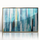 Framed acrylic wall art featuring an abstract design of golden strokes and lines, showcasing a modern aesthetic perfect for contemporary decor. The artwork's elegant gold hues and fluid patterns create a striking focal point for living spaces.