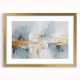 Abstract wall art featuring a modern design with strokes and lines in gold and neutral tones, framed with a mat for an elegant finish, ideal for contemporary decor.
