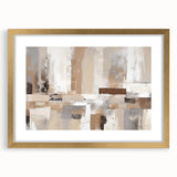 Abstract wall art showcasing an elegant design of strokes and lines in neutral tones, framed with a gold border, creating a modern aesthetic for home decor.