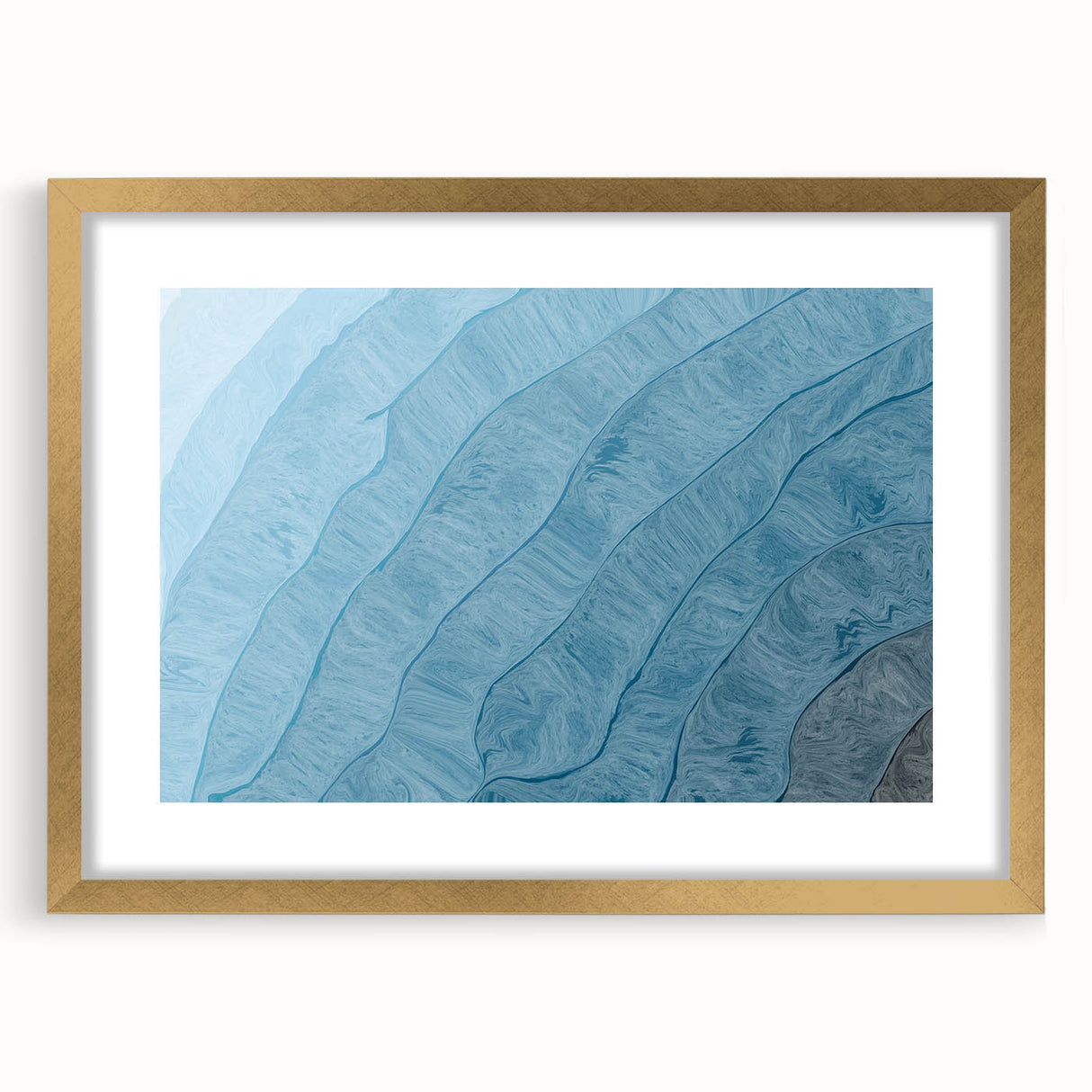 Abstract strokes and lines art print framed with a gold mat, showcasing a modern design suitable for contemporary home decor, highlighting elegant color contrasts and artistic texture.