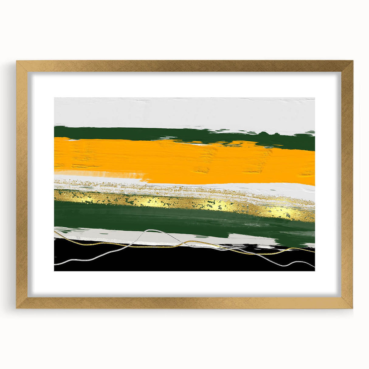 Abstract wall art featuring a dynamic composition of colorful strokes and lines in a gold frame with a mat, perfect for modern home decor. Ideal for adding a vibrant touch to any living space or gallery wall.