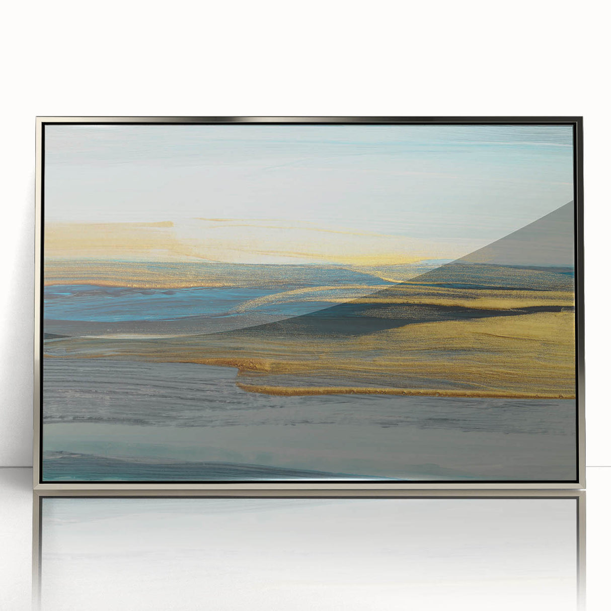 Framed acrylic wall art featuring an abstract design of colorful strokes and lines. The piece showcases a modern aesthetic with silver framing, ideal for contemporary decor.
