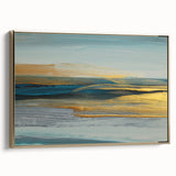 Framed wall art featuring an abstract design of gold strokes and lines on a textured canvas. The sophisticated piece adds elegance to modern decor, perfect for enhancing living spaces.