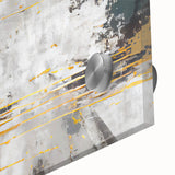 Close-up of an abstract wall art piece showcasing vibrant strokes and lines in a colorful design, printed on acrylic glass, perfect for modern home decor.