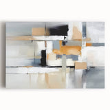 Abstract wall art featuring dynamic strokes and lines in shades of blue and gold, displayed on a stretched canvas, ideal for modern interior decor.