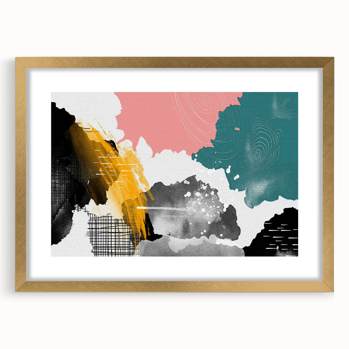 Abstract strokes and lines design wall art collection featuring a gold-framed mat. The artwork showcases a modern aesthetic with vibrant colors, perfect for contemporary home decor.