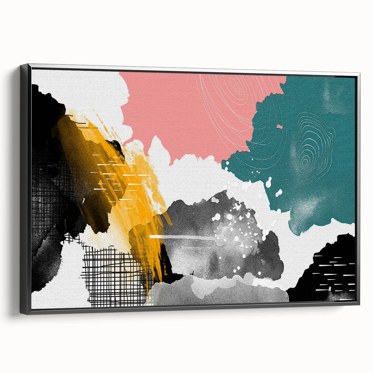 Framed wall art featuring an abstract design of colorful strokes and lines, displayed from a black side view, perfect for modern home decor. The vibrant composition adds a touch of contemporary style to any living space.