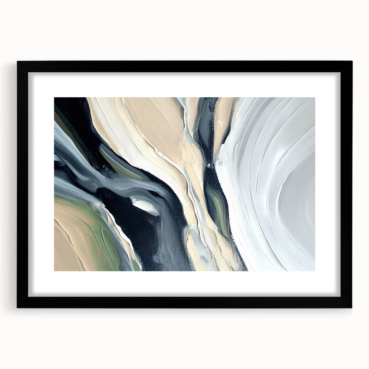 Abstract wall art featuring dynamic strokes and lines in a modern design, framed with a black mat, offering a sleek front view perfect for contemporary decor.