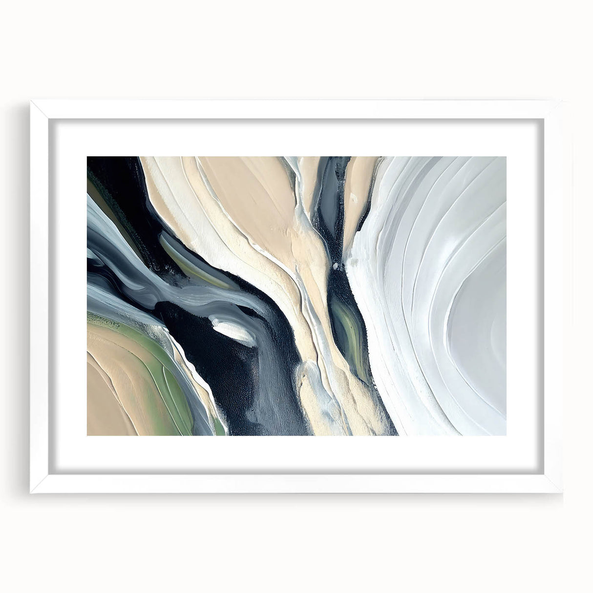 Abstract wall art featuring vibrant strokes and lines in shades of blue, orange, and white, elegantly framed with a mat, perfect for contemporary decor.