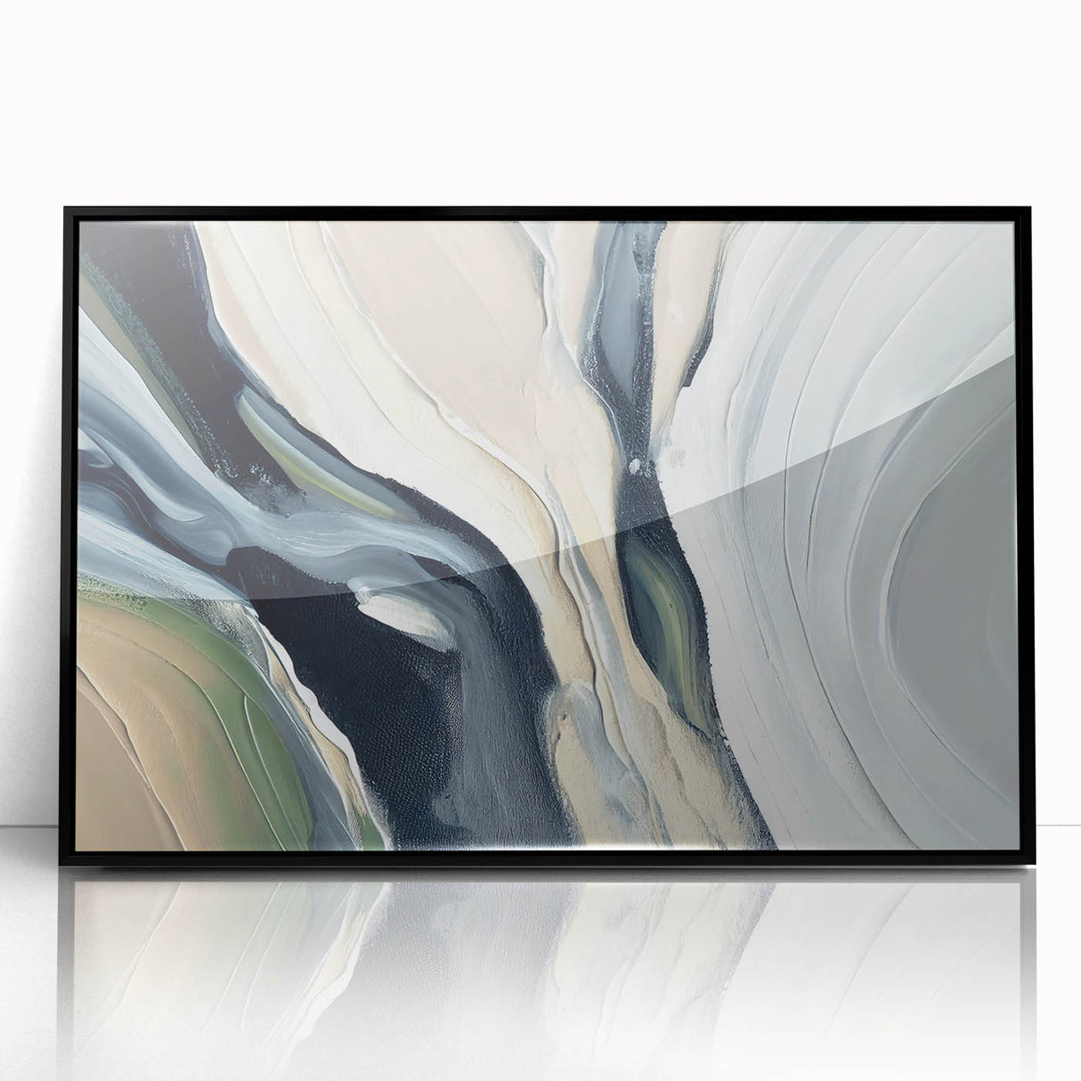 Framed wall art featuring an abstract design with dynamic strokes and lines in black and white, adding modern elegance to any interior decor.