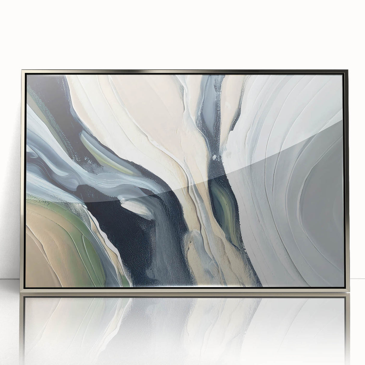 Framed wall art featuring an abstract design of colorful strokes and lines, accented with a sleek silver frame, perfect for modern home decor.