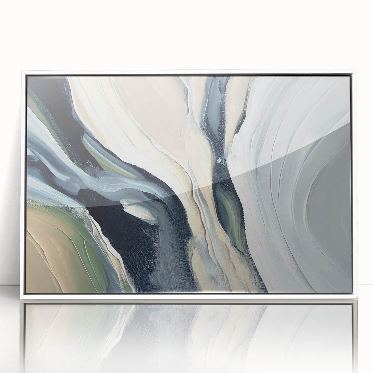 Framed wall art featuring an abstract design with colorful strokes and lines in vibrant hues, set against a sleek white background, perfect for contemporary decor.