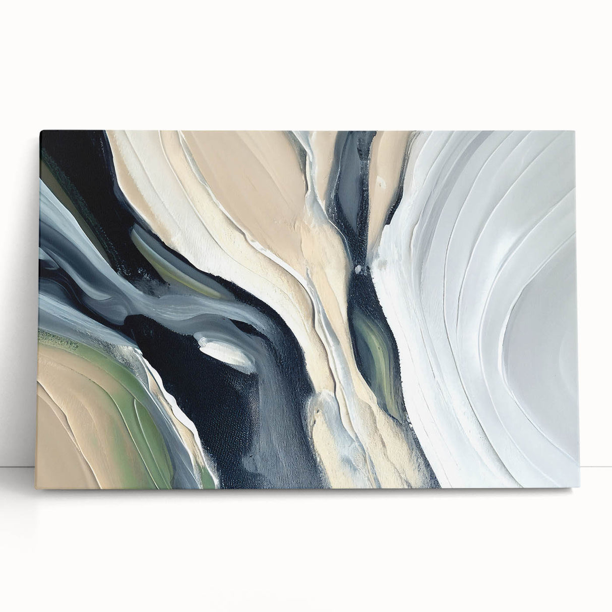 Abstract wall art featuring vibrant strokes and lines in shades of blue, orange, and yellow on a stretched canvas, ideal for modern home decor.
