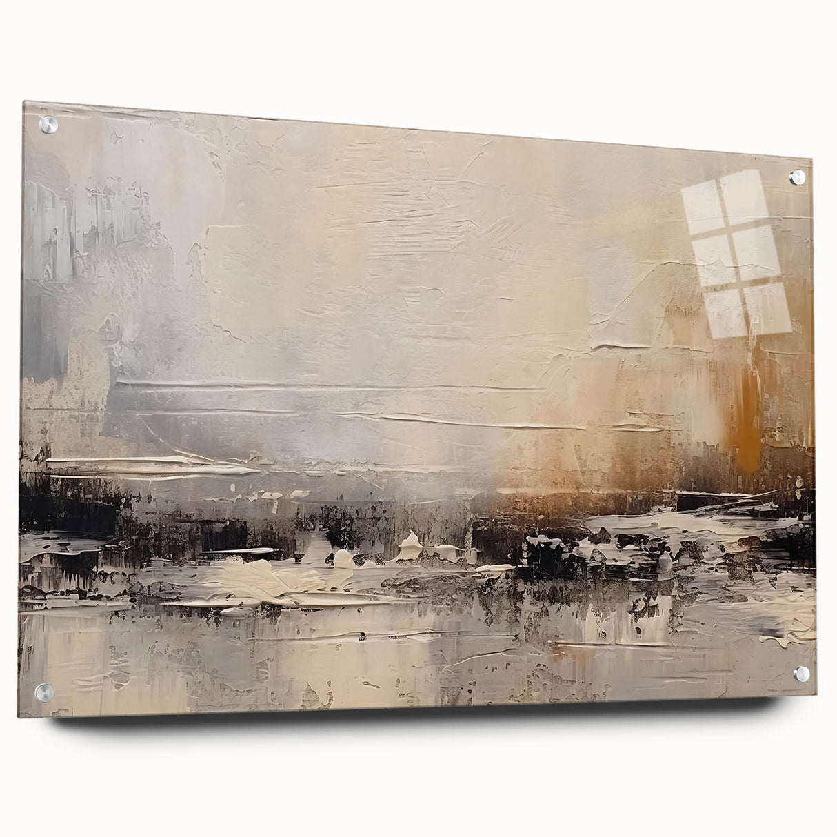 Acrylic glass wall art collection showcasing an abstract design with vibrant strokes and lines, elegantly pinned for a modern display. Perfect for contemporary decor.