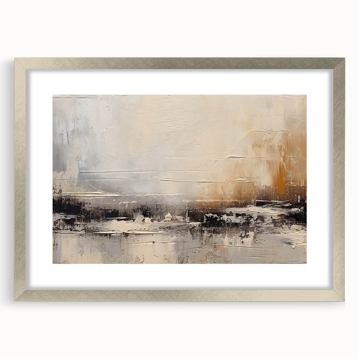 Abstract wall art featuring dynamic strokes and lines in a modern design, framed in a sleek silver frame with a mat, perfect for contemporary home decor.